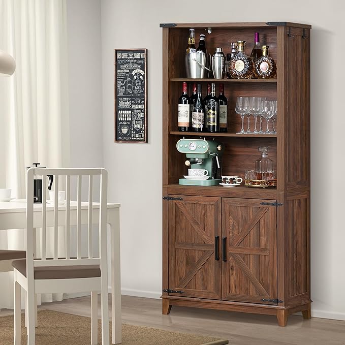 70in Tall Bookshelf 5 Tier Bookcase with Barn Doors and Adjustable Shelves, Brown Farmhouse Book Shelf with Storage Cabinet, Wood Freestanding Display Bookshelves for Bedroom, Kitchen (3PCS)-Ruum Studio Home