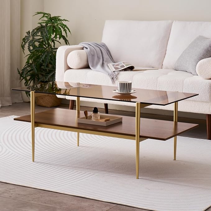 Rectangle Coffee Table, Mid-Century Modern Design, L41 W21 x H17, for Living Room, 2-Tier Structure, Amber Glass Top and Walnut MDF Shelf, Sleek Conical Metal Legs with Gold Finish-Ruum Studio Home