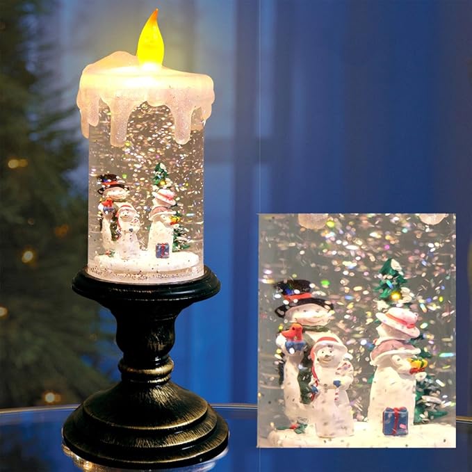 Eldnacele Christmas Snow Globe Candle Battery Operated Lighted Flameless Candles Light Swirling Water Glittering Spinning Candles for Home Decoration(Snowmen Family)-Ruum Studio Home