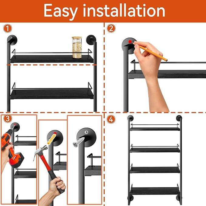 IBUYKE Spice Rack Wall Mount,4 Tier Hanging Seasoning Organizer, Spice Rack for Wall for up to 50 Jars,Spice Organization for Kitchen Cabinet,Living Room,Bathroom,Pantry,Black UTLJ016B-Ruum Studio Home