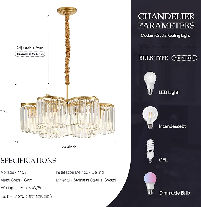 24.4“ Gold Semi Flush Mount Ceiling Light Fixtures, 6-Light Gold Modern Crystal Chandelier Height Adjustable Pendant Lighting for Bedroom Entryway Hallway Kitchen Island Living Room Foyer-Ruum Studio Home