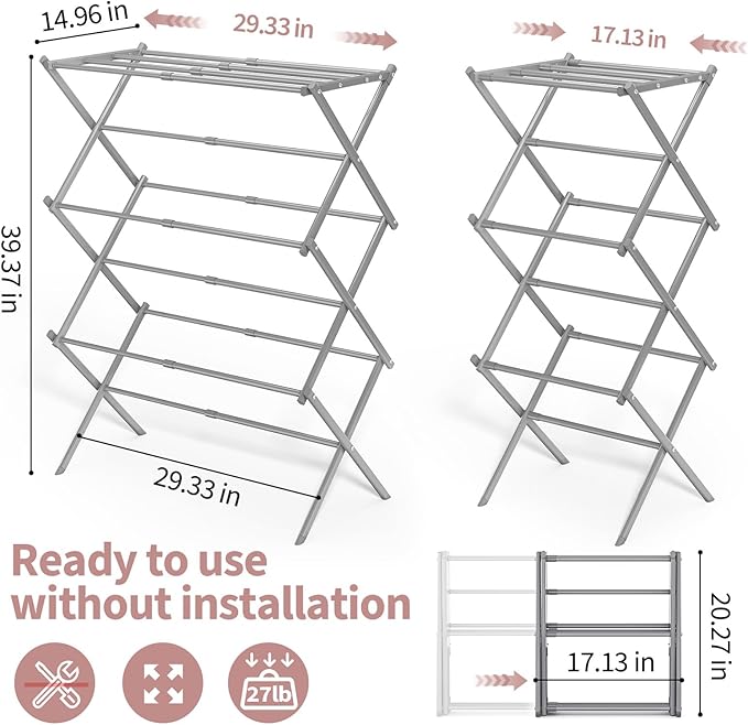 APEXCHASER Clothes Drying Rack, 3-Tier Laundry Drying Rack for Clothes, Expandable Metal Clothing Dryer, Collapsible Towel Rack, Air Drying Rack, Grey-Ruum Studio Home