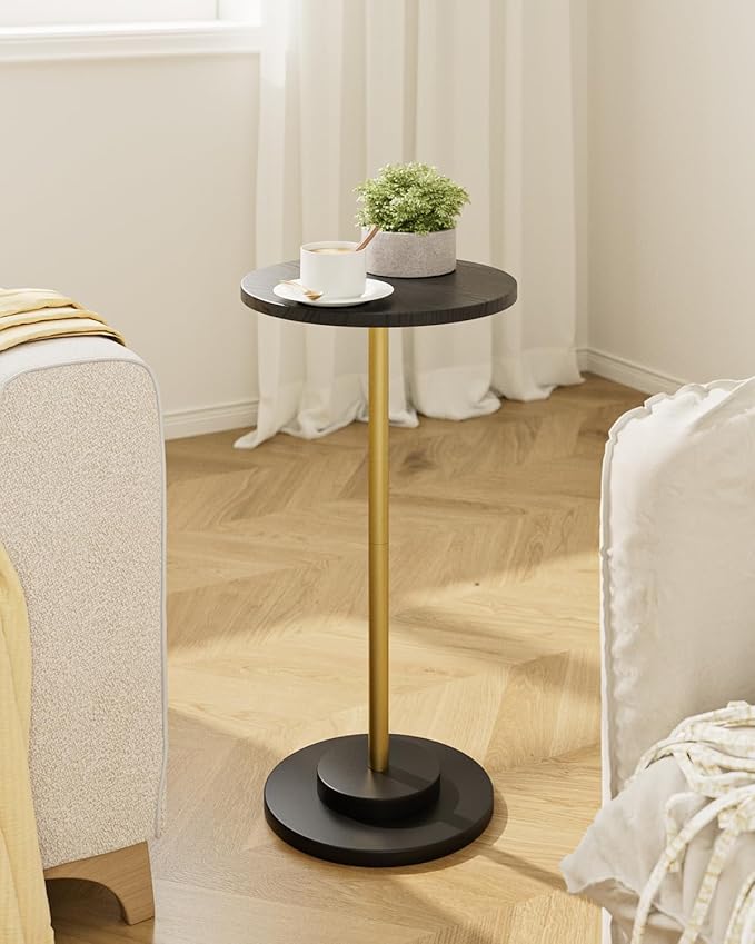 Masupu Drink Table, Round Side Table for Small Spaces, Pedestal Side Table, Small End Table with Metal Base, for Living Room, Bedroom, Bathroom, Black Gold-Ruum Studio Home