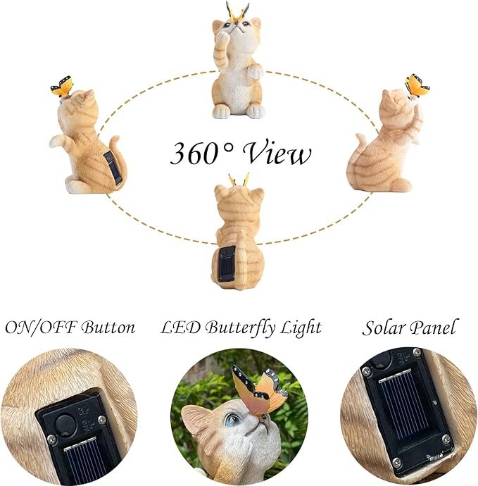 Garden Decor Solar Cat Figurines Cat Lover Gifts with LED Butterfly Lights for Indoor Outdoor Decor for Yard Garden Patio Decor Gifts for Women Grandma Mother's Day Birthday-Ruum Studio Home