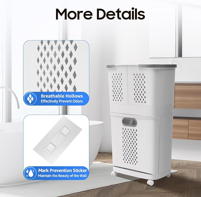 Movable Household Laundry Basket,2 Tier Laundry Hamper Basket Sorter with Wheels&Handle,Large Hand-Held Laundry Basket Clothes Storage Organizer for Bathrooms Bedrooms-Ruum Studio Home