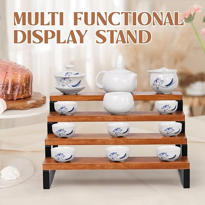 4 Tier Wooden Display Riser Stand Perfume Organizer with Metal Stand, Dessert Table Display Set, Food Display Stands for Party, Brown Rustic Solid Wood Shelf for Cupcakes, Perfume, Cologne, Spiece-Ruum Studio Home