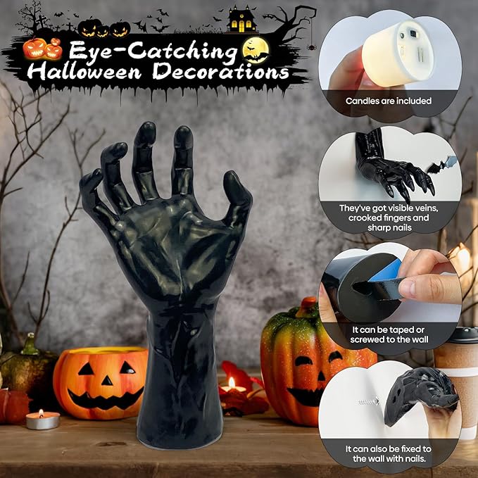 Halloween Decor Indoor, 4 Packs Creepy Reaching Hands with LED Candles, Life-Sized Gothic Wall Decor for Horror Decor, Spooky Halloween Decorations for Home, Party, Goth & Dark Academia Style-Ruum Studio Home