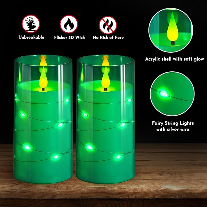 NURADA Flickering Flameless Candles: Built-in Star String Acrylic Battery LED Pillar Candles Candles with Remote and Timer for Home Party Weddings Christmas Halloween Decor -Green 2 Pack-Ruum Studio Home
