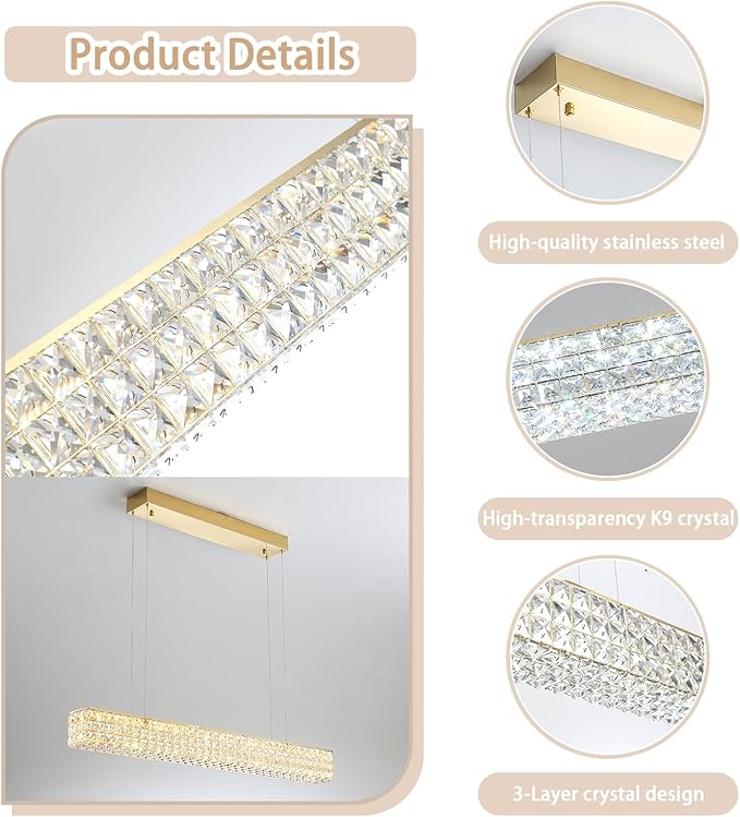 Rectangle Crystal Chandelier Modern Gold Crystal Chandelier Rectangular Pendant Lighting Fixture for Dining Room Kitchen Island Bedroom (L 40")-Ruum Studio Home