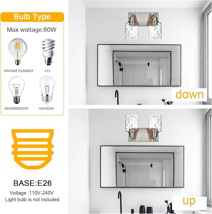 BONLICHT Modern Bathroom Light Fixtures in Brushed Nickel Finish, 2 Light Industrial Indoor Wall Sconce Farmhouse Vanity Lighting Over Mirror with Hammered Glass Contemporary Hallway Wall Mount Lamp-Ruum Studio Home