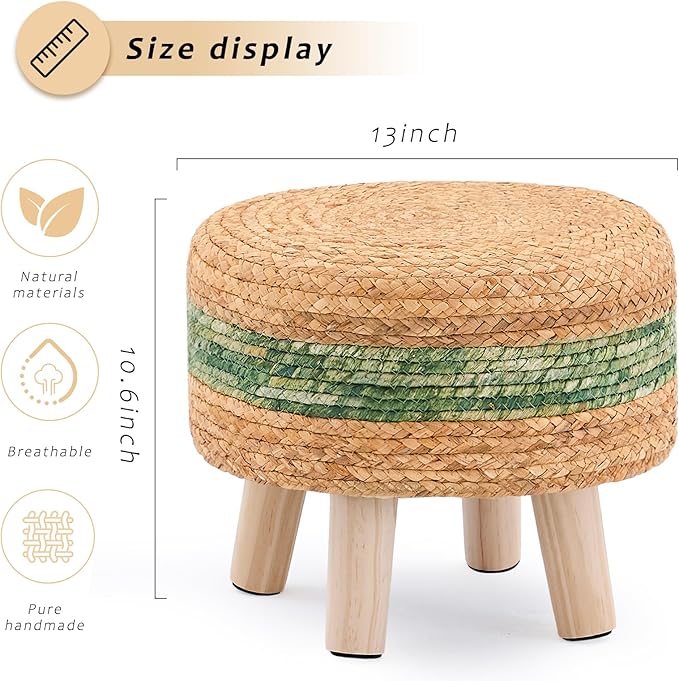 Handwoven Round Ottoman, Natural Water Hyacinth Outdoor Patio Pouf Seagrass Low Stool with Wood Legs, Soft Padded Footrest for Living Room Bedroom Garden, Green-Ruum Studio Home