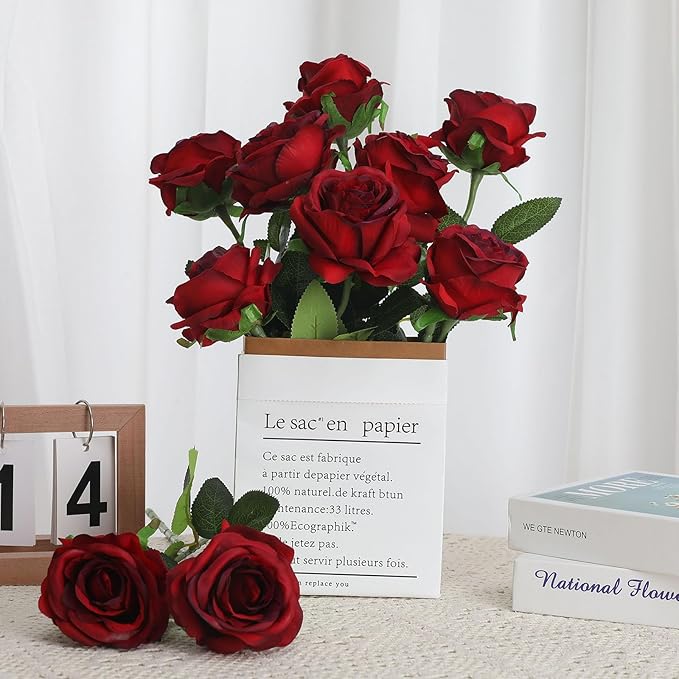 Burgundy Fake Roses Artificial Flowers - 16 Pcs Fake Artificial Roses Silk Flowers with Stems for Home Wedding Hotel Office Centerpiece Decor（Burgundy）-Ruum Studio Home