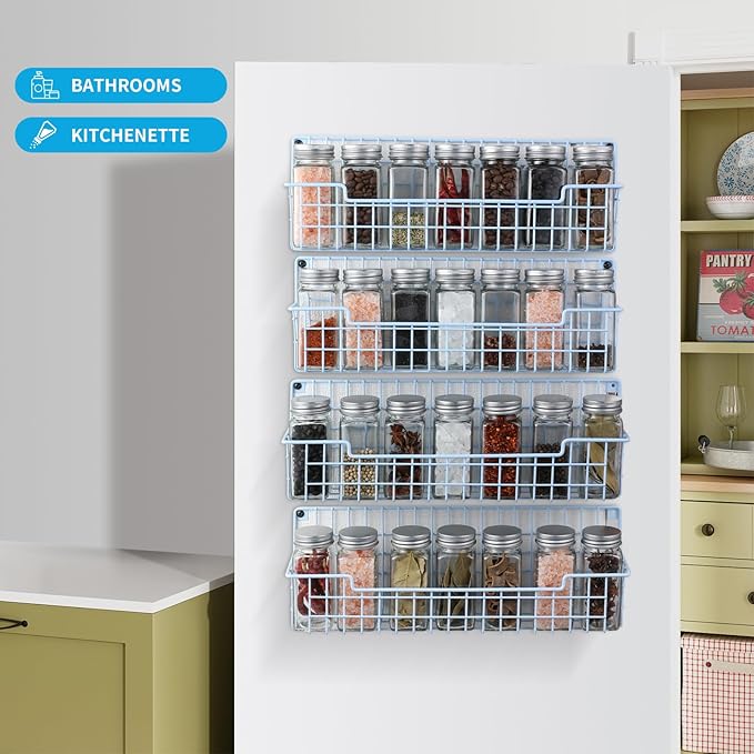 Spice Rack Wall Mount, Wall Spice Organizer for Kitchen Cabinet Door, Pack of 4 Hanging Spice Rack for Wall Saving Kitchen Space, Light Blue-Ruum Studio Home