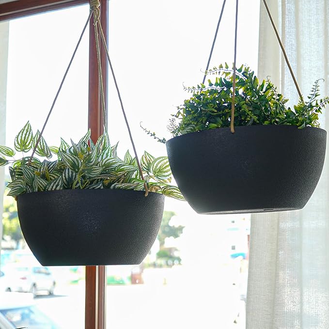 13 Inch 2 Pack Large Hanging Planters for Indoor Outdoor Plants, Plastic Hanging Basket Pots for House Plants Flowers, Black-Ruum Studio Home