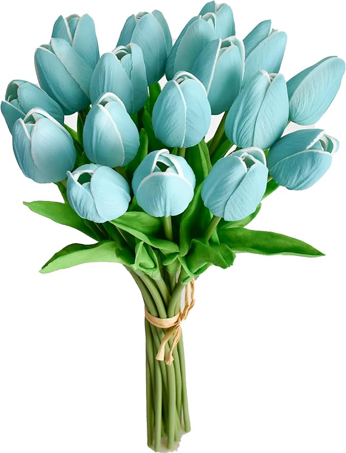 Mandy's Artificial Tulips 20 Stems Robin Egg Blue PU Faux Flowers for Wedding Home Decor 13.5 Inch-Ruum Studio Home