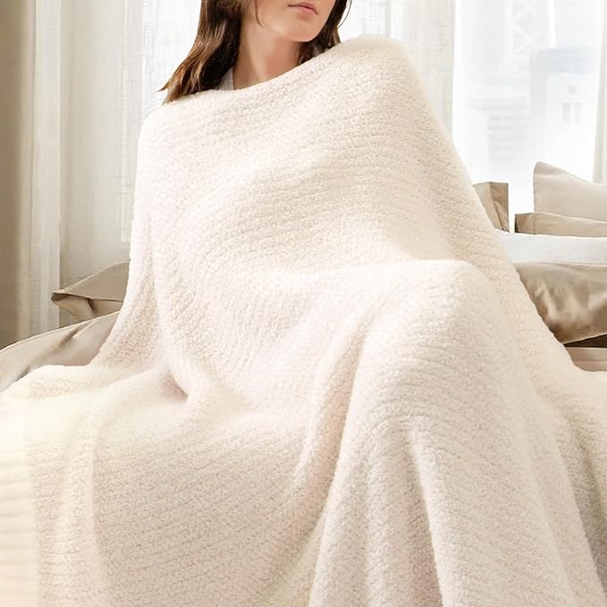 Snuggle Sac Heather Ivory Oversized Throw Blanket for Couch, Super Soft Warm Blankets Cozy Knit Fuzzy Lightweight Throw XL for Sofa, Bed, Heather Ivory, 50x 70 inches-Ruum Studio Home