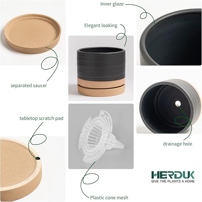 6 Inch Plant Pots, Ceramic Planter Pot with Drainage Hole & Saucer, Indoor/Outdoor Cylinder Round Planter Pot, Matte Black & Brown-Ruum Studio Home