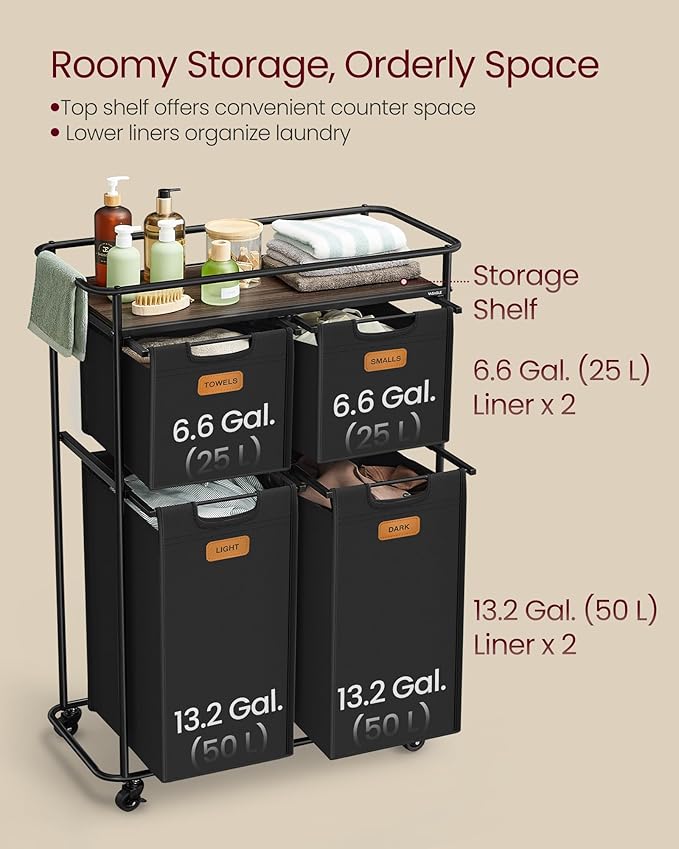 VASAGLE Laundry Sorter, Laundry Hamper with Wheels, 39.6 Gal. (150 L) Portable Rolling Cart Baskets with Shelf, 4 Removable Liners and 6 Labels, Ink Black and Chestnut Brown URLS100B01-Ruum Studio Home