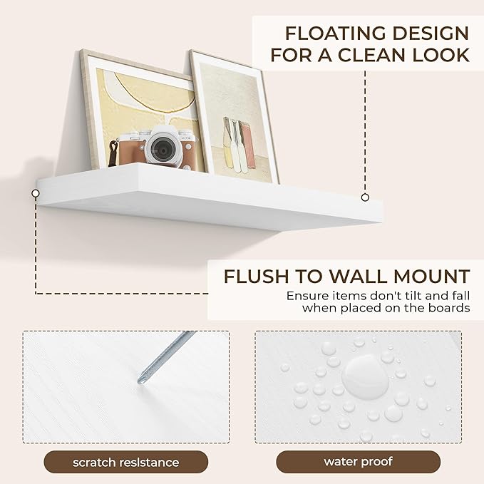 RICHFOCUS 31.5Inch Floating Shelves for Wall 2 Pack Shelves for Bedroom|Kitchen|Bathroom Wall Mounted Rustic Wood Floating Shelf with Invisible Brackets for Books|Storage|Decor, White-Ruum Studio Home