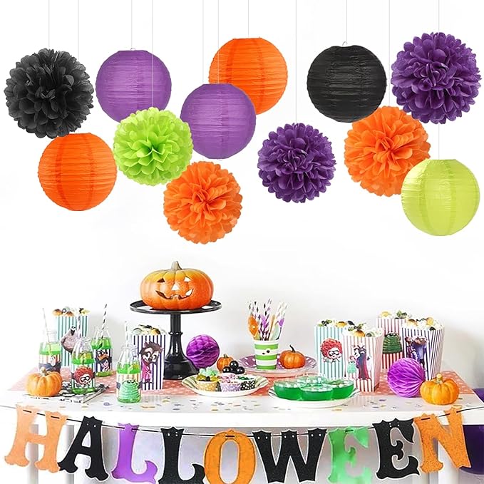 Black-Orange Purple Green Halloween Party-Decorations - 15PCS Paper Flowers Lanterns Tissue Pom Poms Streamers,Vintage Birthday Baby Shower Bachelorette Wedding Bathroom Hanging Supplies Decor Hugfond-Ruum Studio Home