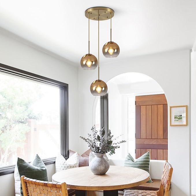 KCO Lighting 3 Light Globe Cluster Pendant Light Modern Glass Cluster Chandelier Gold Glass Pendant Light Fixture Mid Century Dining Room Chandelier Multi Pendant Light Fixture-Ruum Studio Home