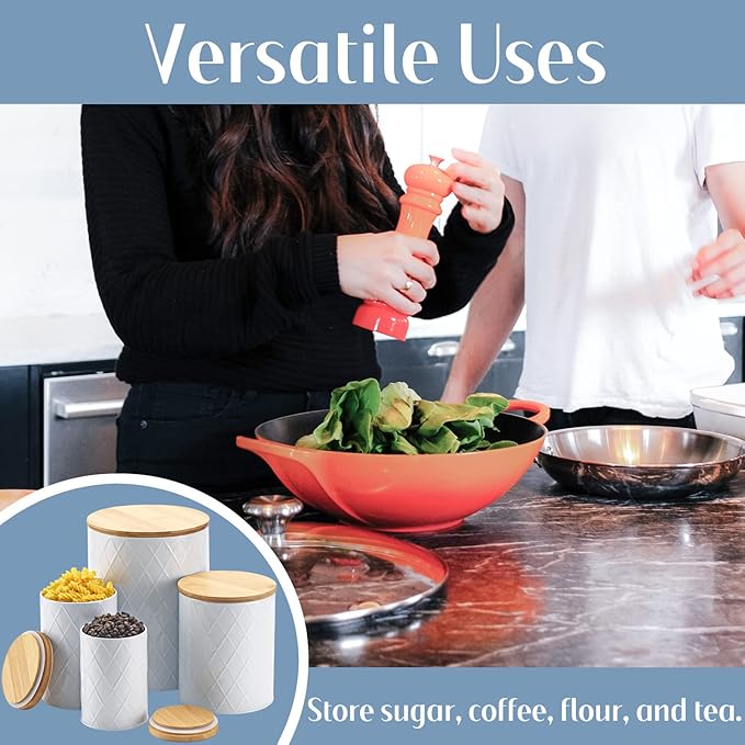 White Kitchen Canisters Set with Bamboo Lids, Airtight Sugar, Flour, Coffee, Cookie Storage Canister Sets for kitchen Countertop, Farmhouse kitchen decor, 4 Pack-Ruum Studio Home