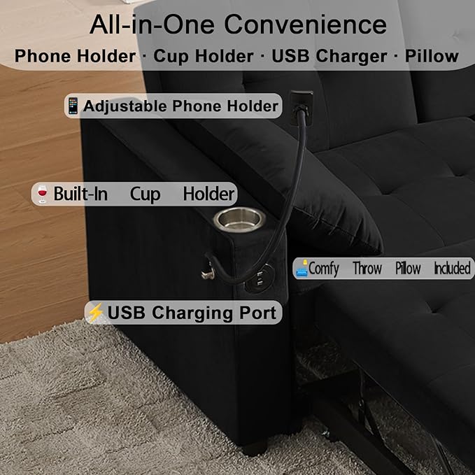 70" Queen Size Sofa Bed for Living Room – Pull-Out Sleeper Sofa Couch with Cup Holder, Phone Holder, USB Charging Port, Solid Wood Frame, Easy Assembly, Space-Saving Design for Small Apartments-Ruum Studio Home