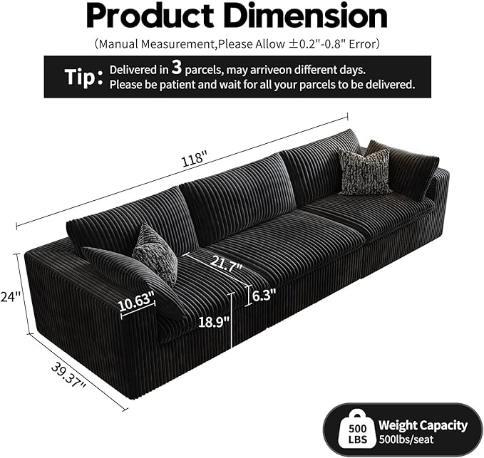 118" Cloud Couch Modular Sectional Sofa for Living Room,Modern Sofa with Deep Seat，3 Seater Boneless Couch,Comfy Upholstered Corduroy Couches for Apartment, Studio, Office,Bedroom，Black-Ruum Studio Home