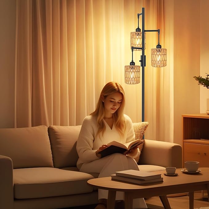 3-Light Boho Floor Lamp for Living Room, Rattan Wicker Standing Lamp Palm Tree Design, Farmhouse Coastal Floor Light with Woven Shade, Tall Bohemian Lamp-Ruum Studio Home