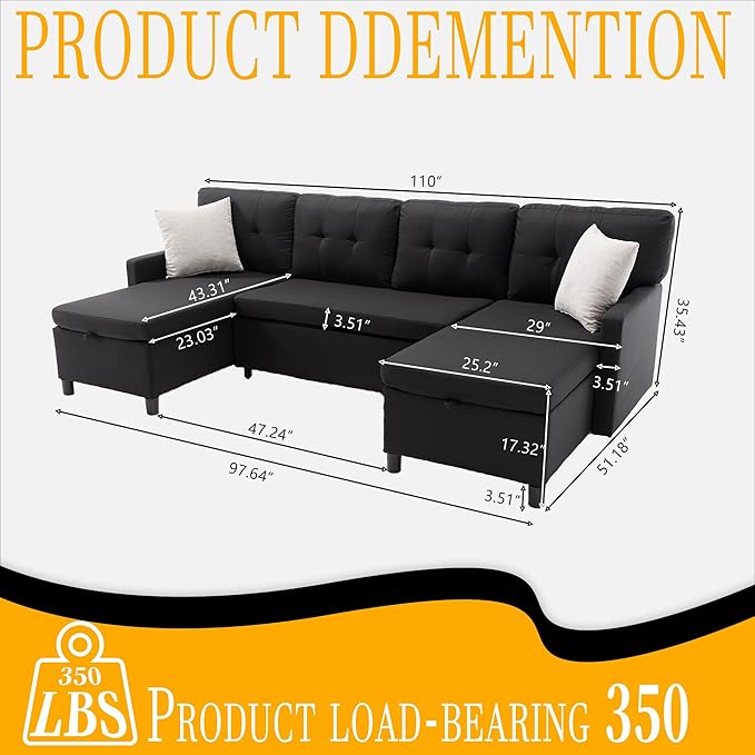 Pull Out Couch, Oversized Sleeper Sofa Couch, Sectional Sleeper Sofa Bed for Living Room Bedroom Lounge (Black, 110 Inch)-Ruum Studio Home