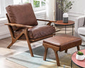 Mid Century Modern Accent Chair with Ottoman, Farmhouse PU Upholstered Living Room Armchair and Ottoman Set, 23" Seat Wide Retro Leisure Lounge Chair with Wood Frame for Home, Bedroom, Office, Brown-Ruum Studio Home