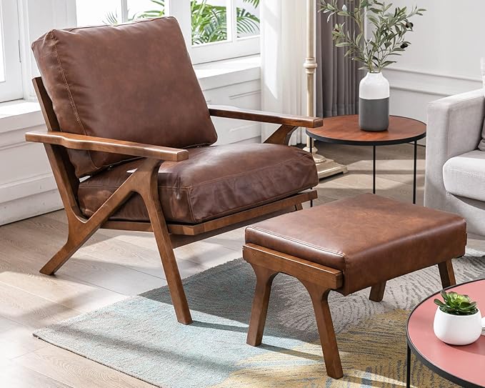 Mid Century Modern Accent Chair with Ottoman, Farmhouse PU Upholstered Living Room Armchair and Ottoman Set, 23" Seat Wide Retro Leisure Lounge Chair with Wood Frame for Home, Bedroom, Office, Brown-Ruum Studio Home