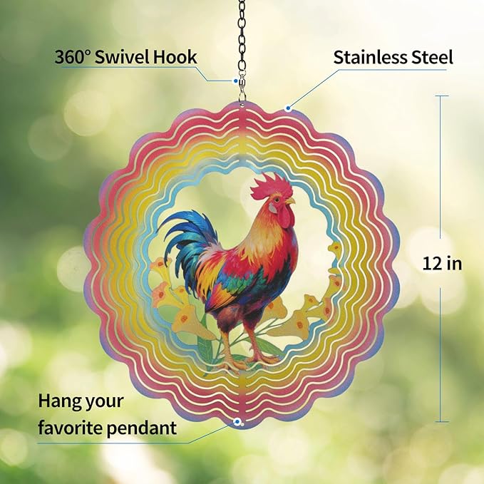 Wind Spinners Outdoor Chicken Decorations - Birthday Gifts for Women Mom Grandma, Rooster Deocr Hanging Wind Spinner 12 inch 3D Wind Sculptures for Garden Decor for Outside, Patio, Yard, Outdoor-Ruum Studio Home