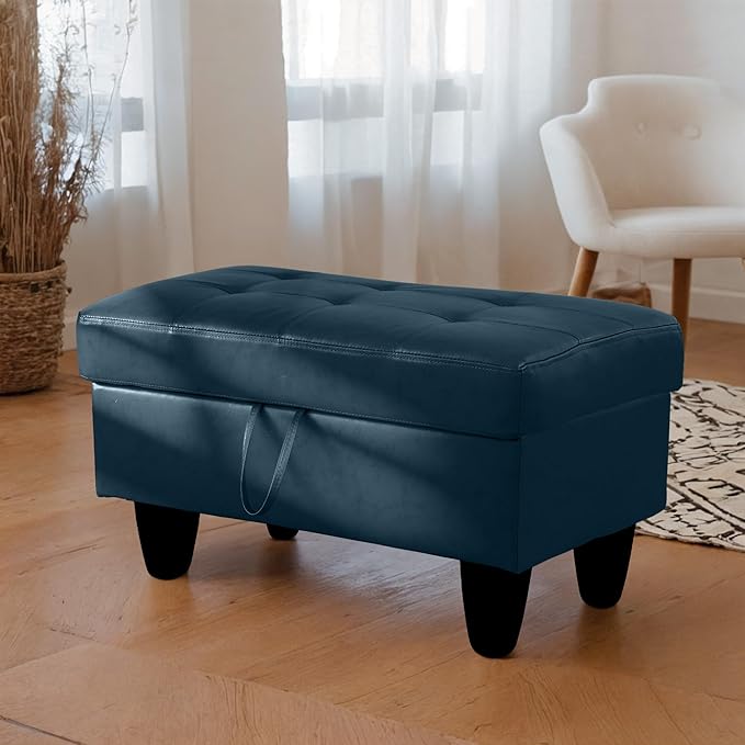 Ottoman Rectangular Storage Ottoman Bench, Faux Leather Footrest, Coffee Table, Stool Footstool with Hinged Lid for Living Room, Bedroom, Entryway, Dark Blue, 35"x23.5"x17.5"-Ruum Studio Home