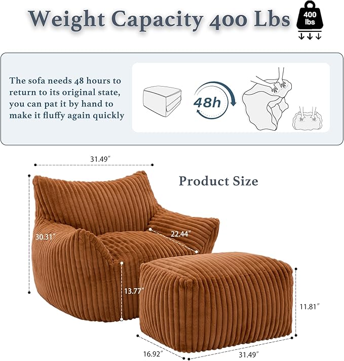 Oversized Bean Bag Chaise Lounge Chair Indoor for Adults with Armrests & Ottoman - Giant Comfy Orange Beanbag Floor Sofa Cloud Accent Chair for Reading, Gaming, Cozy Plush Cloud Mini Couch-Ruum Studio Home