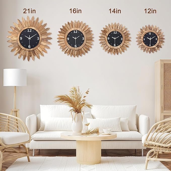 Honiway 14 Inch Wall Clock, Rustic Wood Boho Sunburst Decorative Wall Clocks Battery Operated Silent Non Ticking Farmhouse Small Wall Clocks for Living Room Kitchen Bedroom Home Decor (Rustic Brown)-Ruum Studio Home
