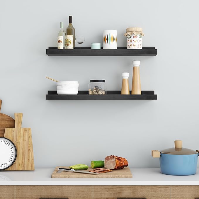 Picture Ledge Shelf for Wall, 24 inch Solid Pine Wood Nursery Book Shelves 2 Packs, Floating Ledge Shelves for Kids' Room Bedroom Bathroom Living Room Photo Frames Office Nursey Wall Decor, Black-Ruum Studio Home