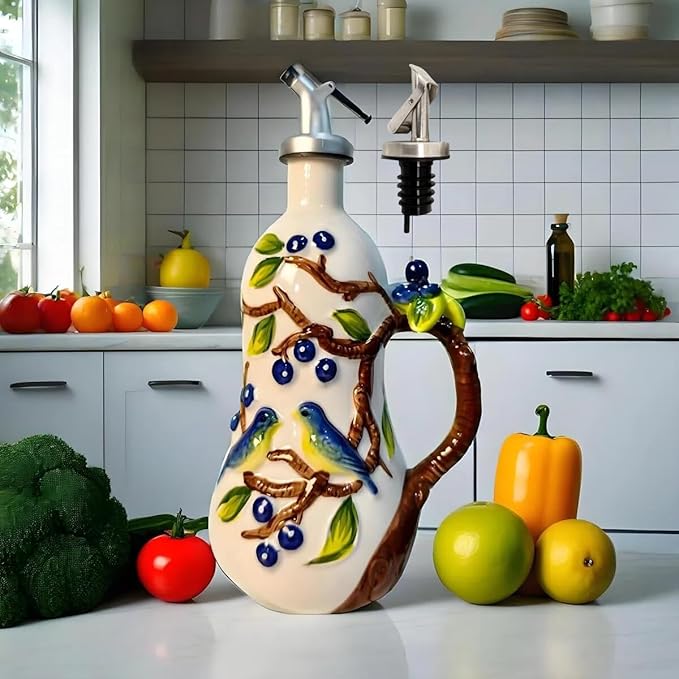 18 Oz Hand Painted Relief Ceramic Olive Oil Bottle Dispenser for Kitchen, Oil and Vinegar Bottle, Seasoning Bottle with Stainless Steel Nozzle, 540mL Oil Container with Handle for Cooking, Light Proof-Ruum Studio Home