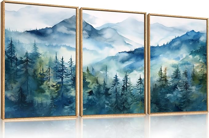 Celestdeco Blue Ridge Mountains Forest Framed Canvas Wall Art Set, Natural Landscape Wall Decor, Green Pine Trees Wall Painting, Woodland Artworks for Living Room, Bedroom, Dining Room - 24"x36"x3-Ruum Studio Home