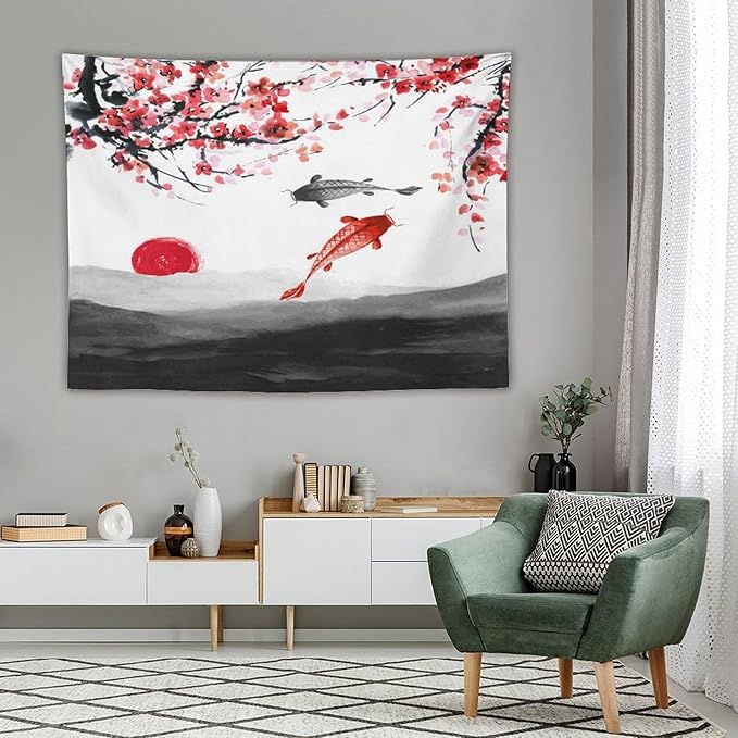 Houselerax Japanese Koi Fish Tapestries, Cherry Blossoms Asian Oriental Flower Branch Koi Fish Carp Tapestry Wall Hanging for Bedroom Living Room Office Decor 80"x60"-Ruum Studio Home