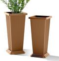 FENCY Set of 2 Tall Planters for Outdoor Plants, 24 Inch Large Tapered Pots with Drainage Trays, Weather-Resistant Plastic Plant Containers for Patio, Porch, Garden, Front Door Decor,Brown, Striped-Ruum Studio Home