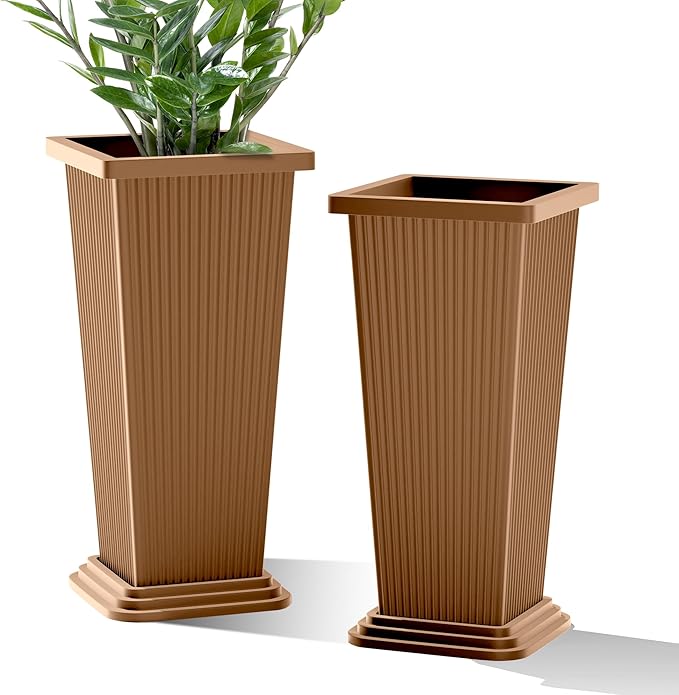 FENCY Set of 2 Tall Planters for Outdoor Plants, 24 Inch Large Tapered Pots with Drainage Trays, Weather-Resistant Plastic Plant Containers for Patio, Porch, Garden, Front Door Decor,Brown, Striped-Ruum Studio Home