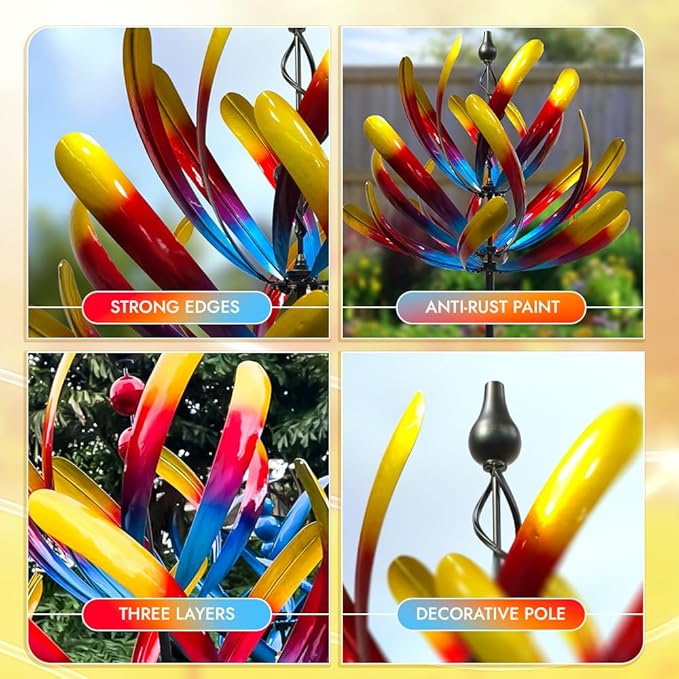 Large Wind Spinners - Decorative Garden Whirligigs - Durable Metal Flower Art - Ideal for Yard Decor and Gifts Colorful 88" H x 27" W-Ruum Studio Home