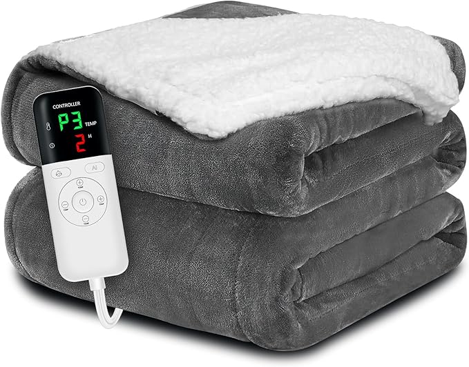 Heated Blanket Throw 50x60, Extra Plush 220GSM Flannel & Sherpa with Child Lock | 6-Level Smart Adaptive Heat & 8Hr Timer | ETL Certified Electric Blanket for Full Body Comfort-Ruum Studio Home