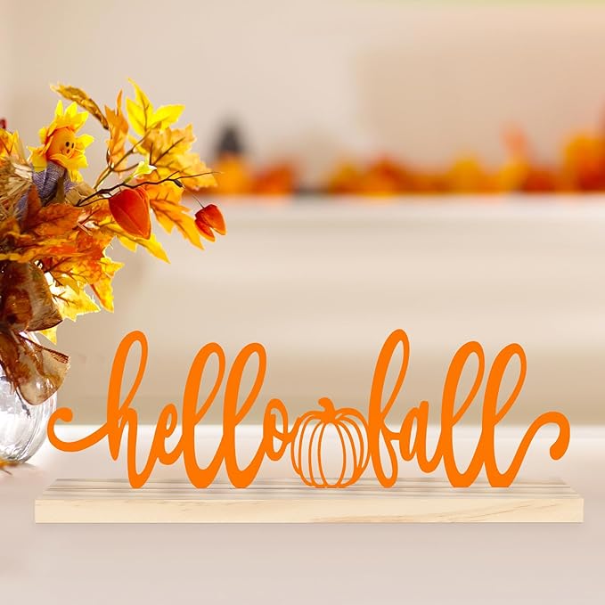COCHIE Metal Hello Fall Sign, Orange Fall Decorations for Home, Office, Shelf, Mantel, Indoor, Autumn Decoration, Pumpkin Decor (Autumn B)-Ruum Studio Home