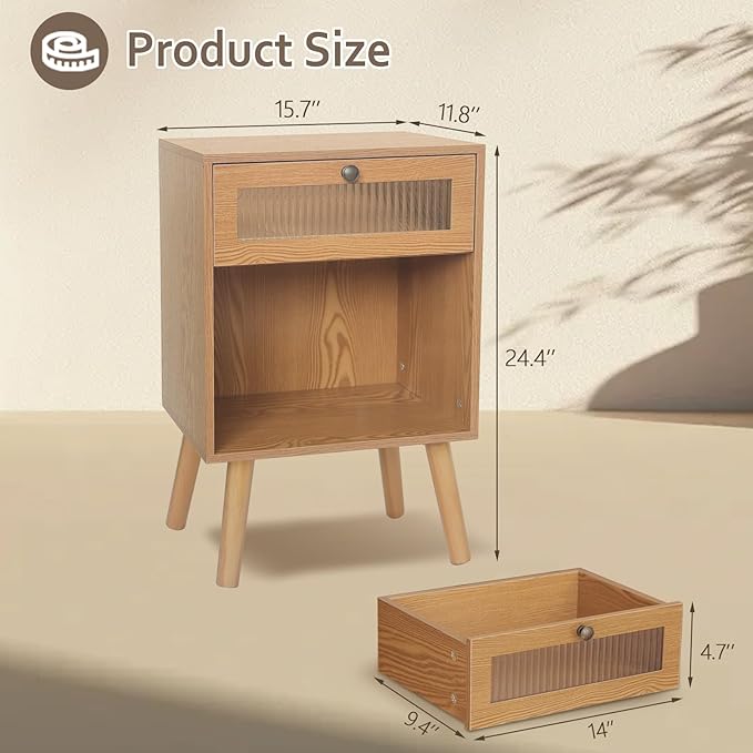 AWASEN Mid Century Nightstand, Bedside Table with Glass Storage Drawer and Large Open Shelf, Modern Night Stand Side End Table with Solid Legs for Bedroom, and Small Space, Brown-Ruum Studio Home
