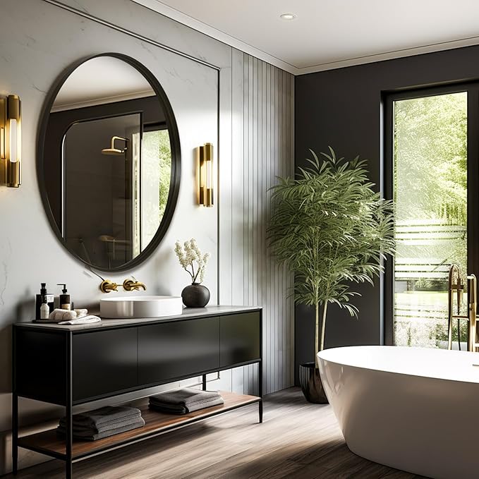 24 Inch Round Bathroom Mirror - Wall Mounted Circle Mirror with Metal Frame, Modern Mirror Suitable for Bathroom, Vanity, Entryway, Living Room, Wall Decor,Black-Ruum Studio Home
