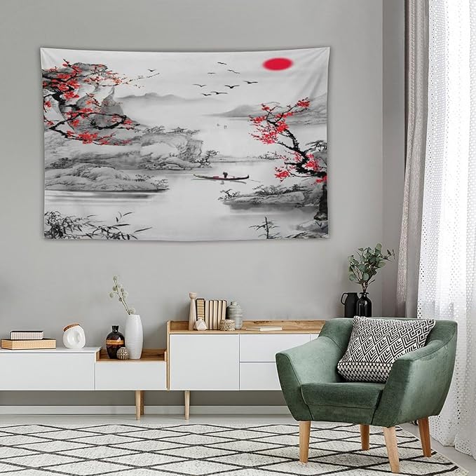 Cherry Blossoms Tapestry, Japanese Red Landscape Watercolor Abstract Art, Asian Japanese Wall Tapestry, Nature Landscape Tapestries for Bedroom Living Room Decor 90"x60"-Ruum Studio Home