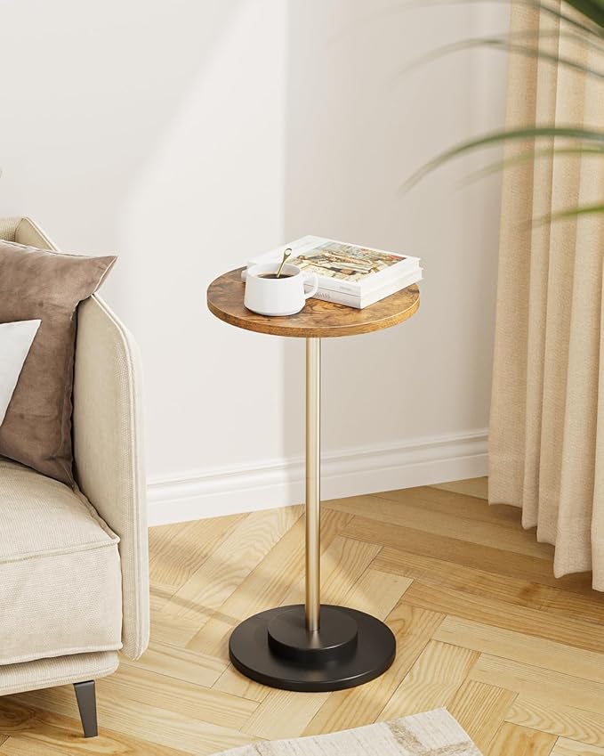 Masupu Drink Table, Round Side Table for Small Spaces, Pedestal Small End Table with Metal Base, for Living Room, Bedroom, Bathroom, Rustic Brown-Ruum Studio Home