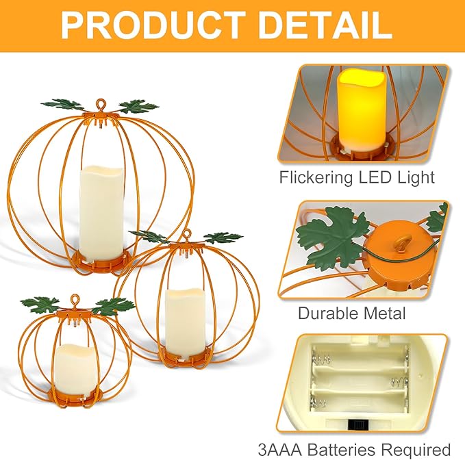 Halloween Metal Pumpkin Candle Holder, 3 Pcs Light up Orange Pumpkin Lantern with LED Flickering Yellow Candle Lights Build in Timer for Thanksgiving Halloween Harvest Fall Home Decor-Ruum Studio Home